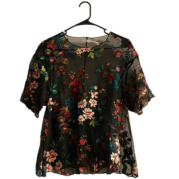Kimchi Blue Urban Outfitters Alana Floral Embroidered Sheer Top Shirt Black XS - Picture 1 of 5